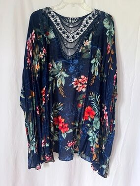 Boho Floral Crochet-Back Navy Kimono